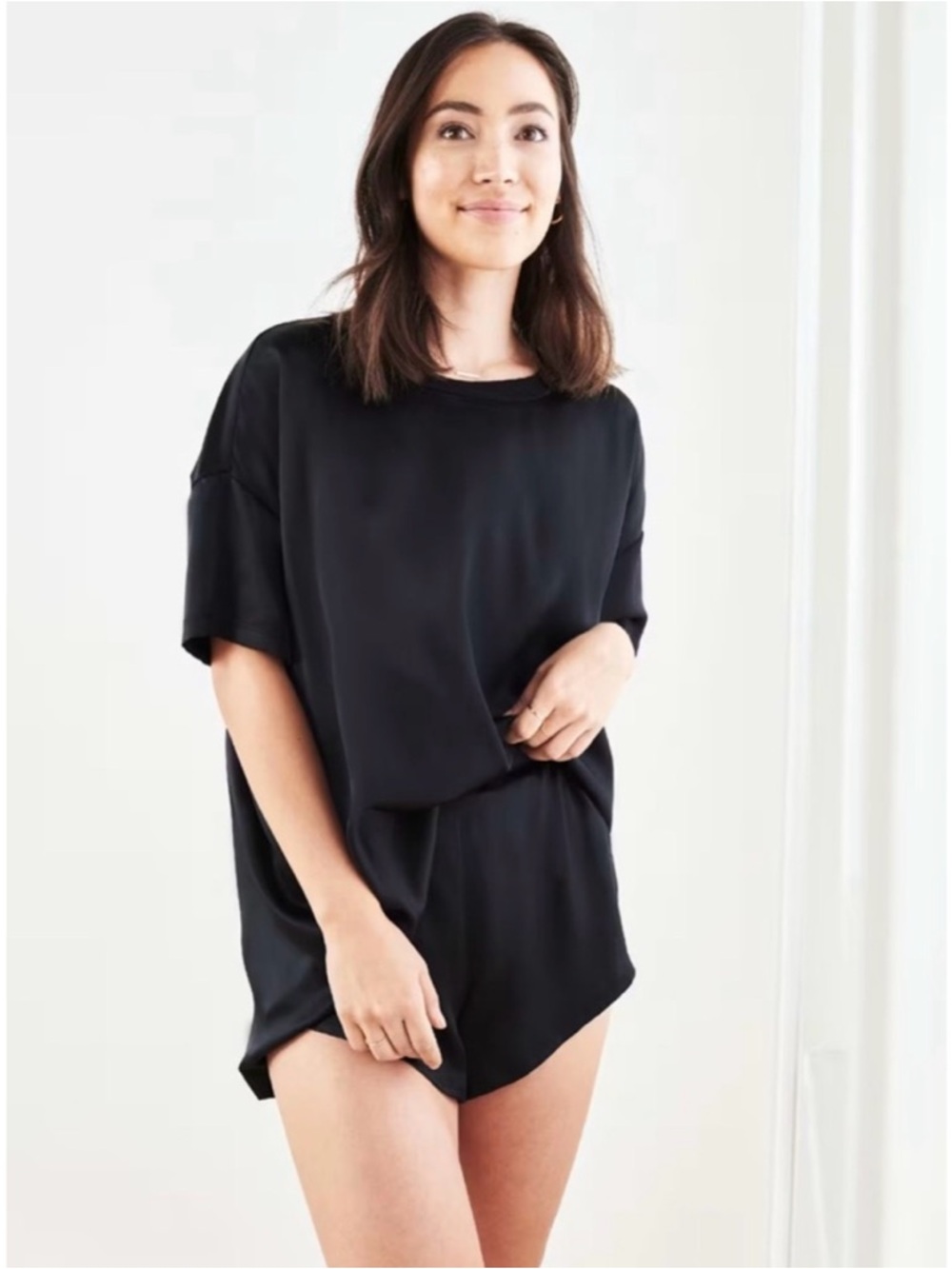 Quince Black 100% Washable Silk Pajama Hi-Lo Tee Top